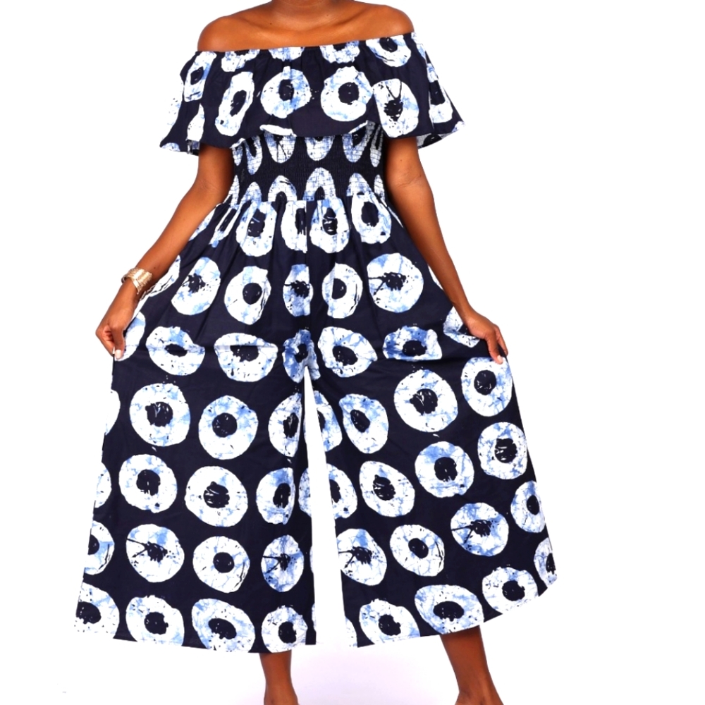 Elegant Black & White Ruffle Off-Shoulder Jumpsuit with Headscarf